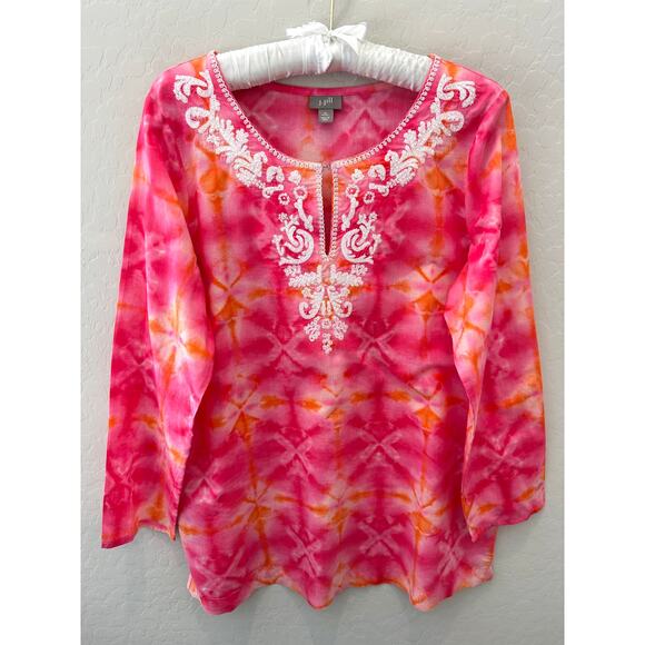 J. JILL Tunic Top Tie Dye Cotton Embroidered Boho Peasant Blouse | Petite Medium - Picture 1 of 8